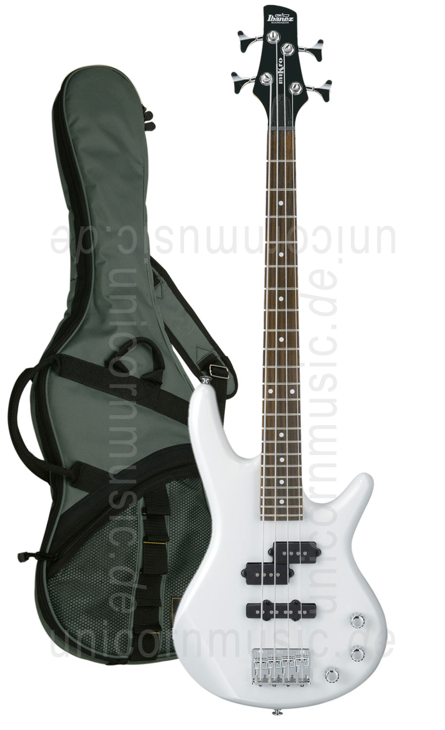 zur Artikelbeschreibung / Preis Kinder E-Bass 3/4 - IBANEZ GSRM20 PW Perlweiss + Tasche + Gurt  - Short Scale