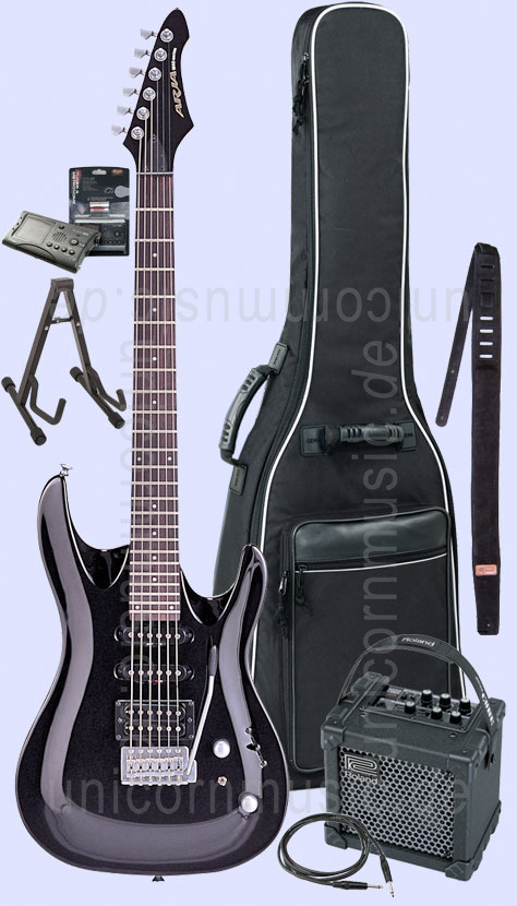 zur Artikelbeschreibung / Preis E-Gitarren Set ARIA MAC30 schwarz + Roland Micro Cube + Tasche + Gurt + Kabel + Ständer + Stimmgerät