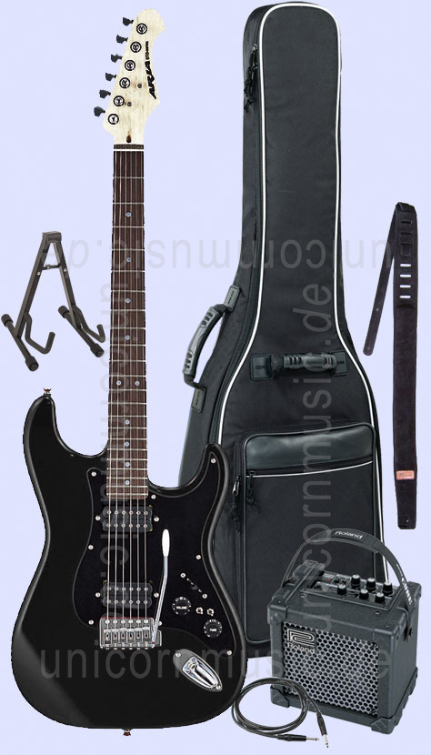 zur Artikelbeschreibung / Preis E-Gitarren Set ARIA STG-005 in schwarz + Roland Micro Cube + Tasche + Gurt + Kabel + Ständer
