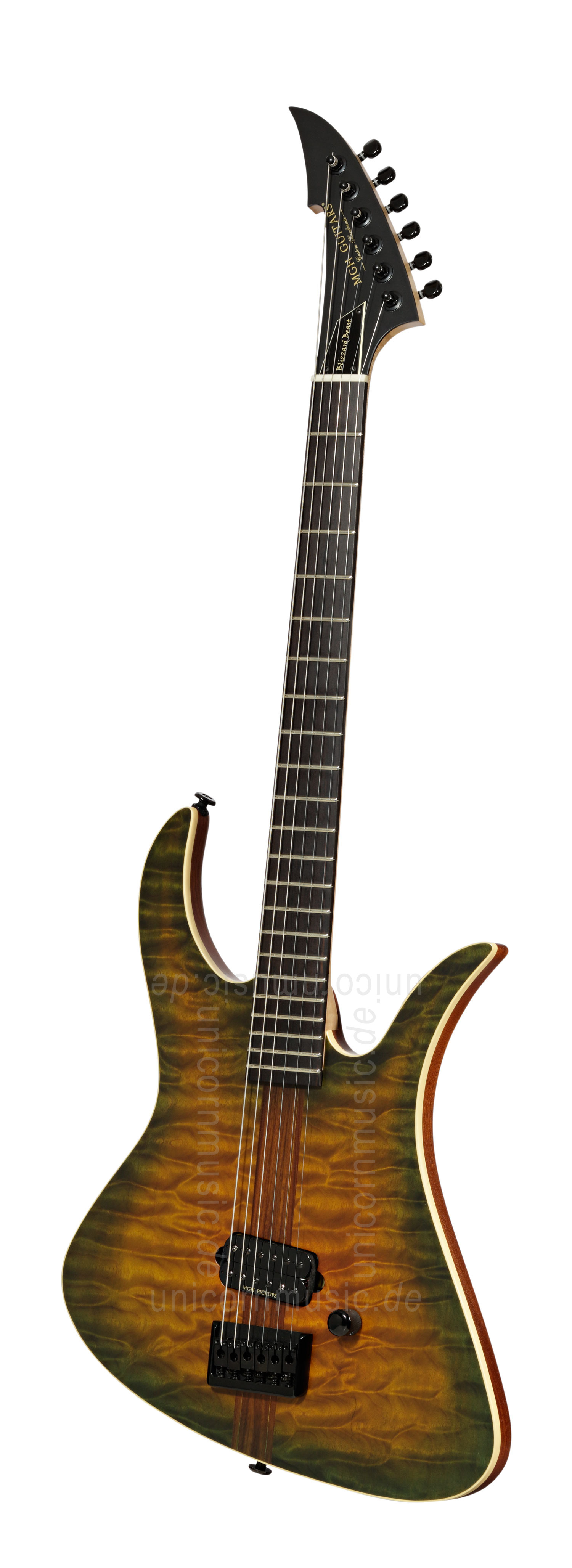 zur Artikelbeschreibung / Preis E-Gitarre MGH GUITARS Blizzard Beast Deluxe - green amber burst  - made in Germany