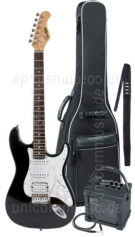 zur Artikelbeschreibung / Preis E-Gitarren Set VINEJARD ST-21 schwarz + Roland Micro Cube GX + Tasche + Gurt + Kabel + Ständer + Plektrum