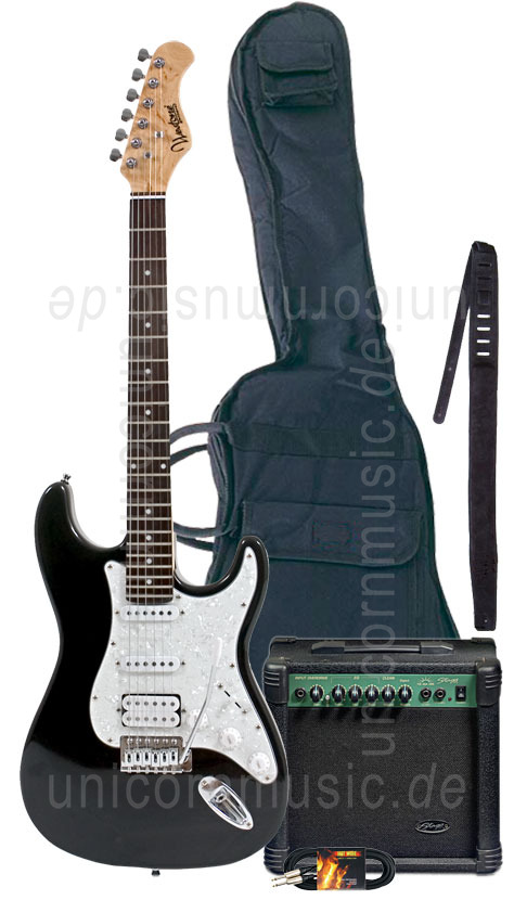 zur Artikelbeschreibung / Preis E-Gitarren Set VINEJARD ST-21 schwarz + STAGG 15GA DR + Tasche + Gurt + Kabel + Plektrum